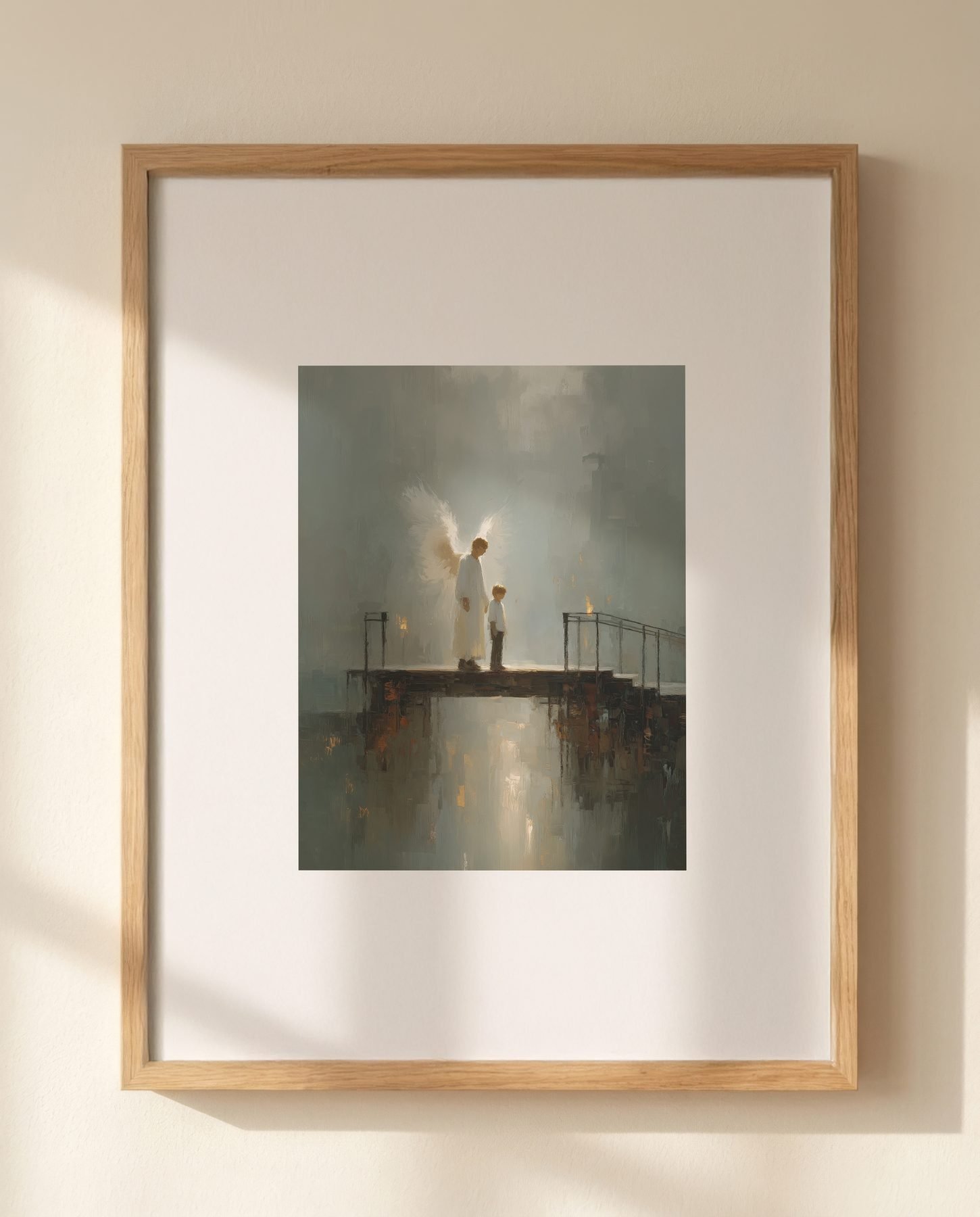 Guardian angel print styled on a sunlit dresser