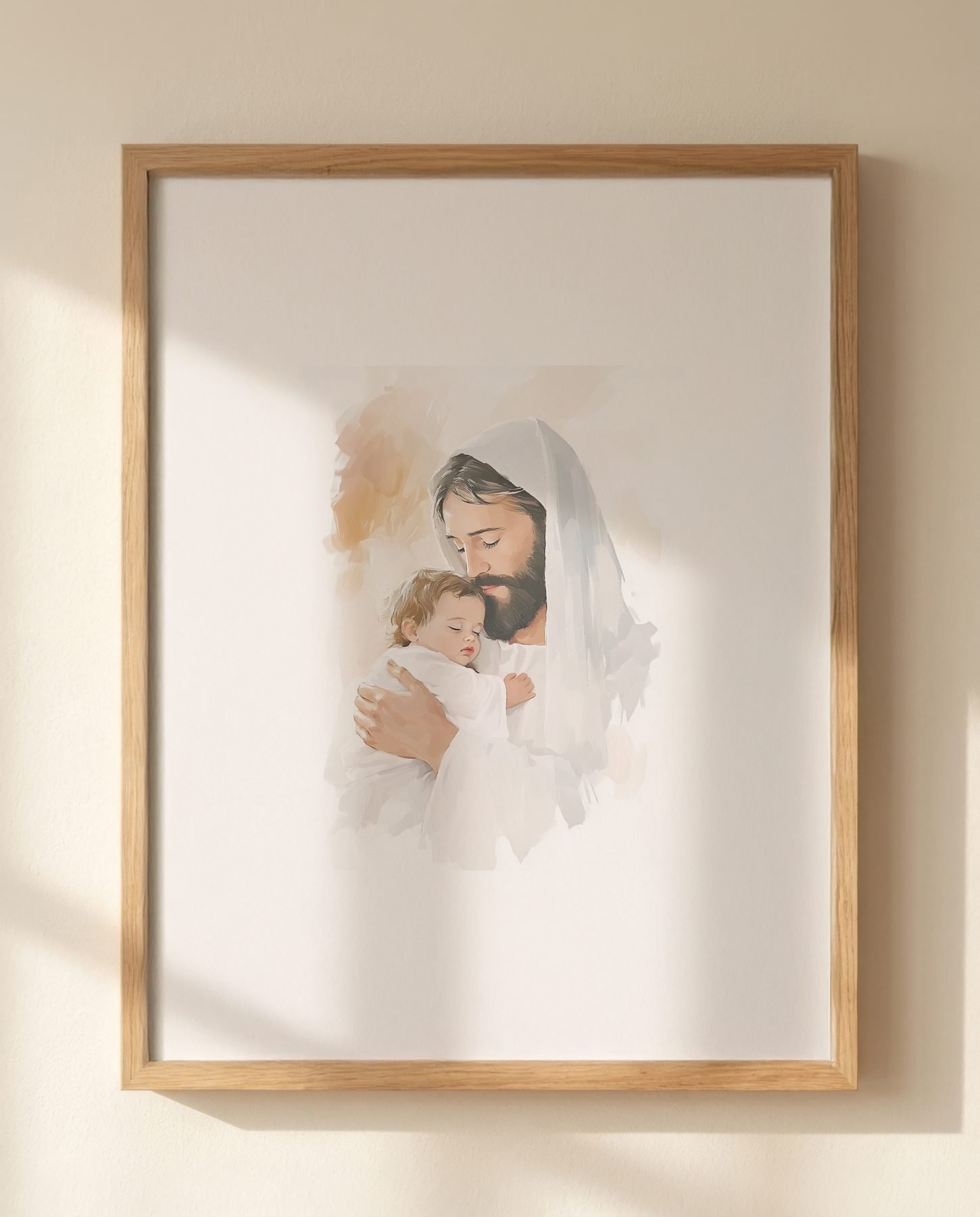 Jesus watercolor print styled in a softly lit family room