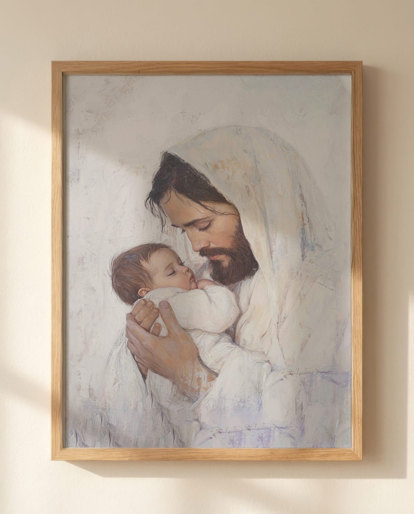 Jesus Holding an Infant in Warm Light — Close-up wall mockup
