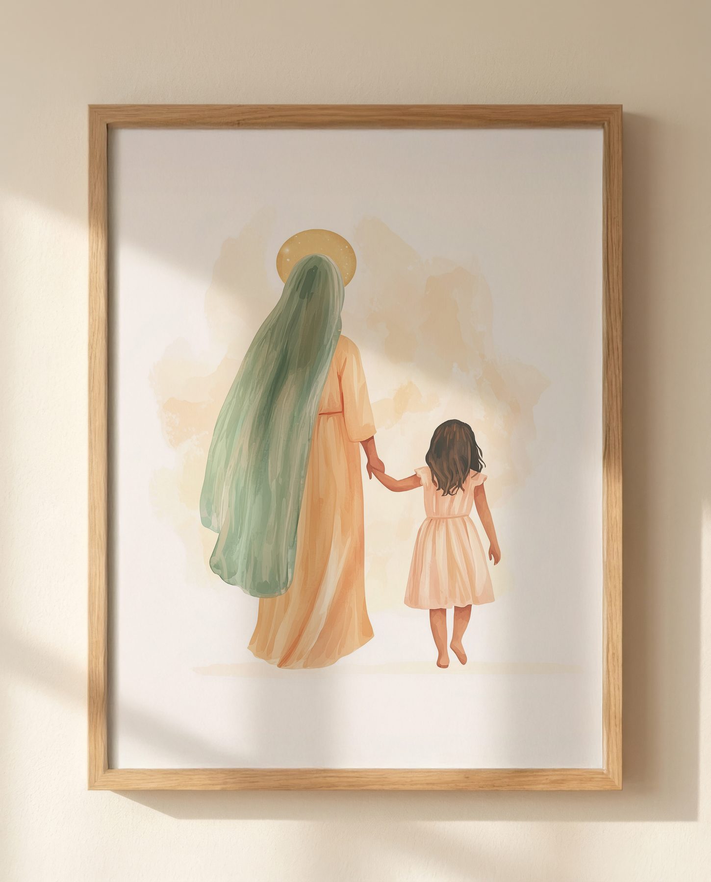 Mary Walking with a Child in Sage and Blush print