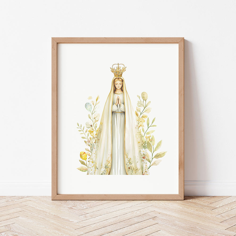 Our Lady of Fatima watercolor artwork in a red oak frame.