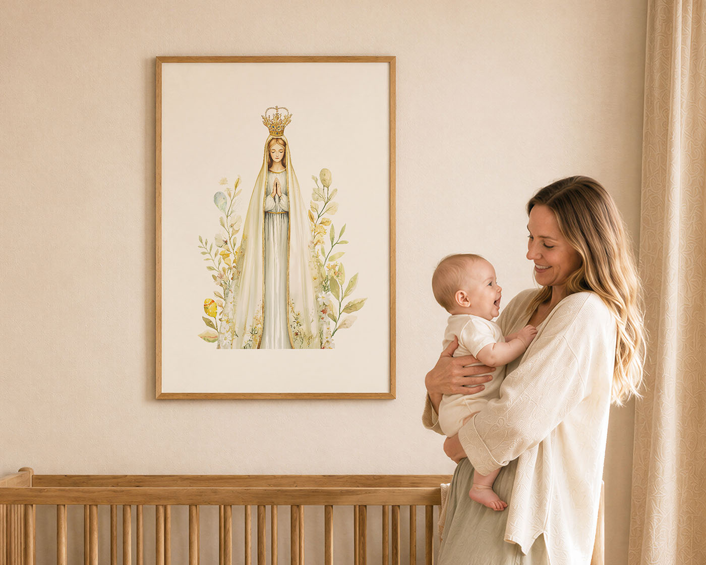 Our Lady of Fatima framed watercolor print shown in a warm nursery with a mother and baby.